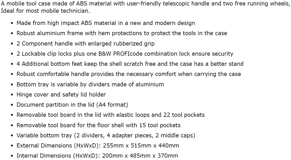 מזוודת טכנאים טרולי לכלי עבודה BW INTERNATIONAL 120.04 L TEXT